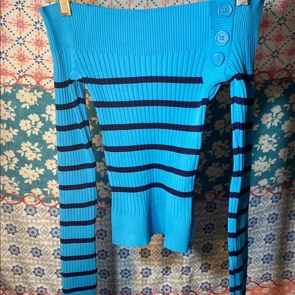 Blue and Black Striped Off-Shoulder Sweater - Picture 1 of 3